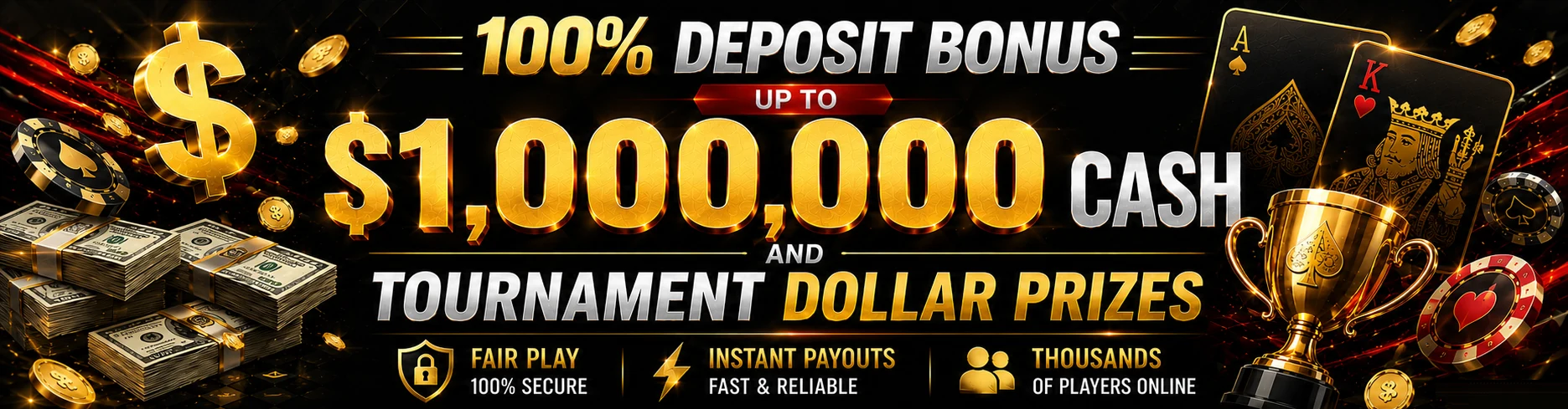 100% deposit bonus up to $1,000,000 cash and tournament dollar prizes